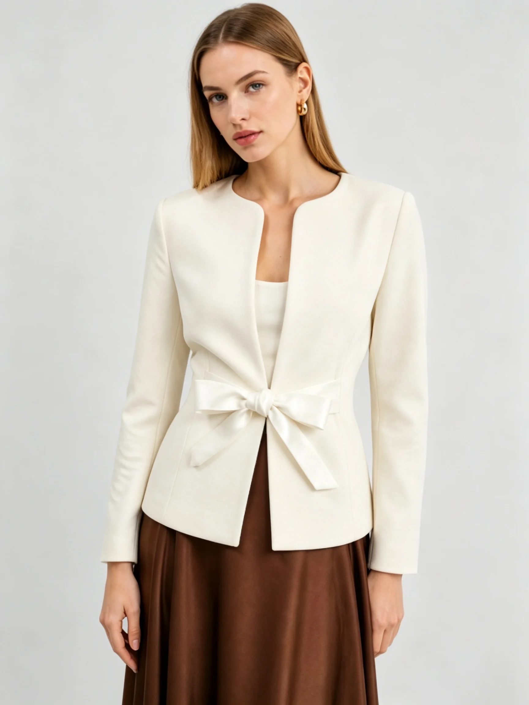 LIMO Collarless Open Front Satin Bow Tie Waist Slim Fit Long Sleeve Blazer Jacket