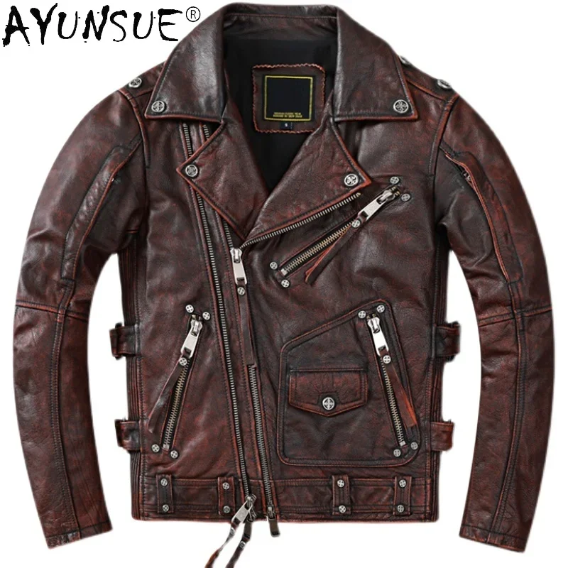 2021 Genuine Leather Jacket Men Vintage Shor Motorcycle Mens Coat Cowhide Coats and Jackets Chaqueta Spring Cuero Hombre WPY3734