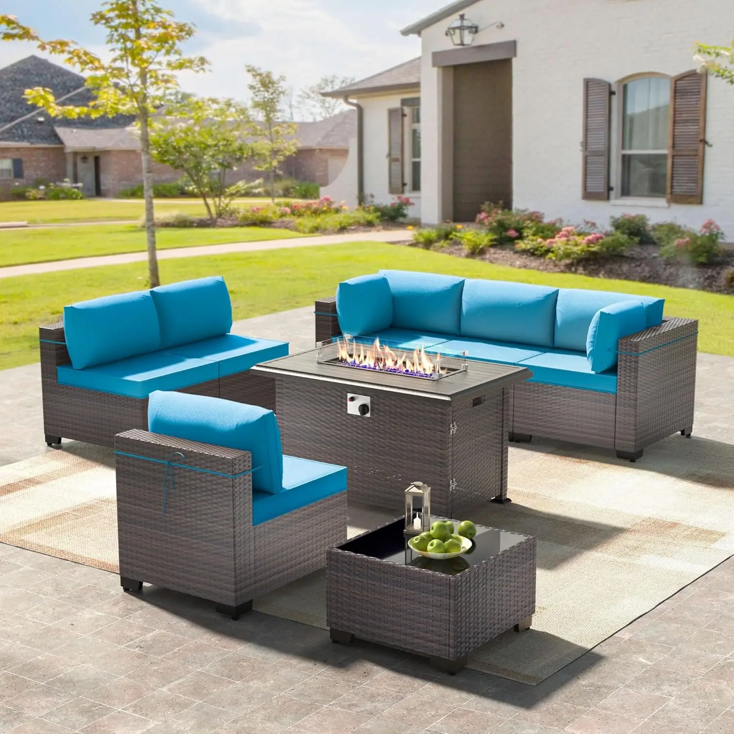 

8 Piece Outdoor Patio Furniture with 55000 BTU Propane Fire Pit Table, PE Wicker Rattan Outdoor Sofa Conversation Set,