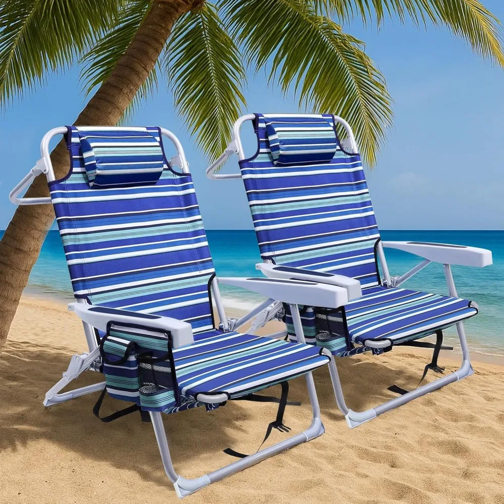 

Backpack Beach Chairs for Adults 2 Pack, Portable Lay Flat Folding Chair with Cup Holder and Towel Bars, 4-Position
