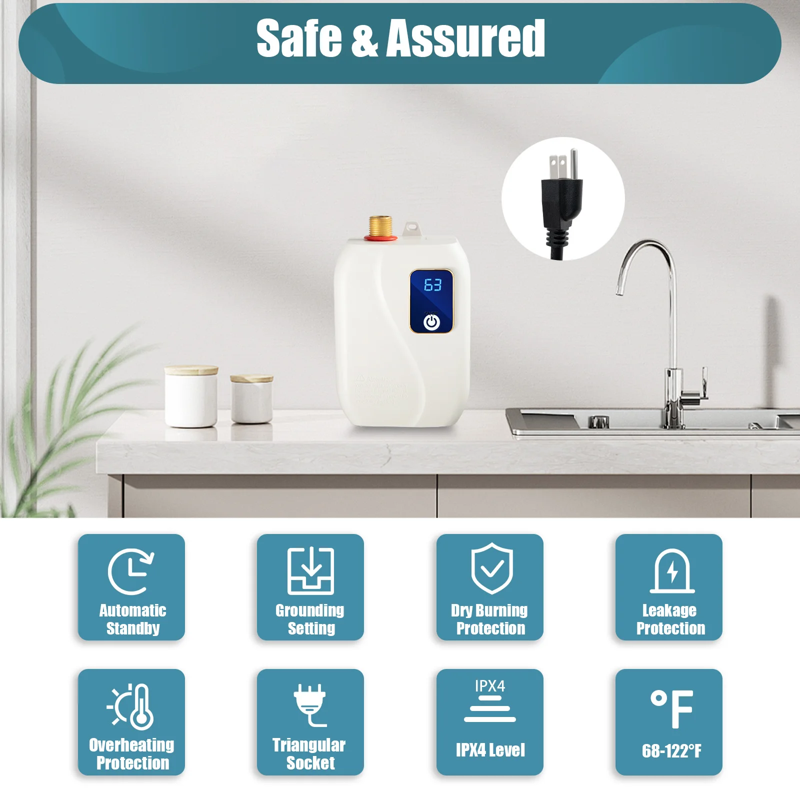 Электрический водонагреватель 3000 Вт, мгновенный водонагреватель под раковиной для кухни, ежедневной стирки, баров, школ, больниц
