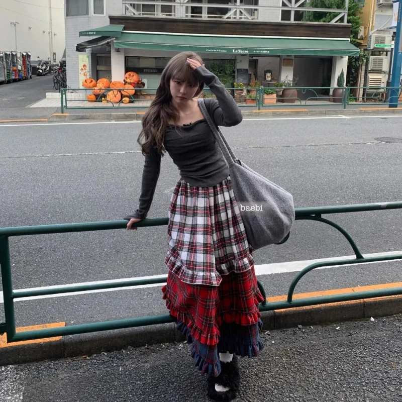 

Long Plaid Women Skirt 2025 Faldas Mujer De Moda High Waist A-line Loose Jupe Fashion Saia Contrast Color Ruffles Vintage Skirts