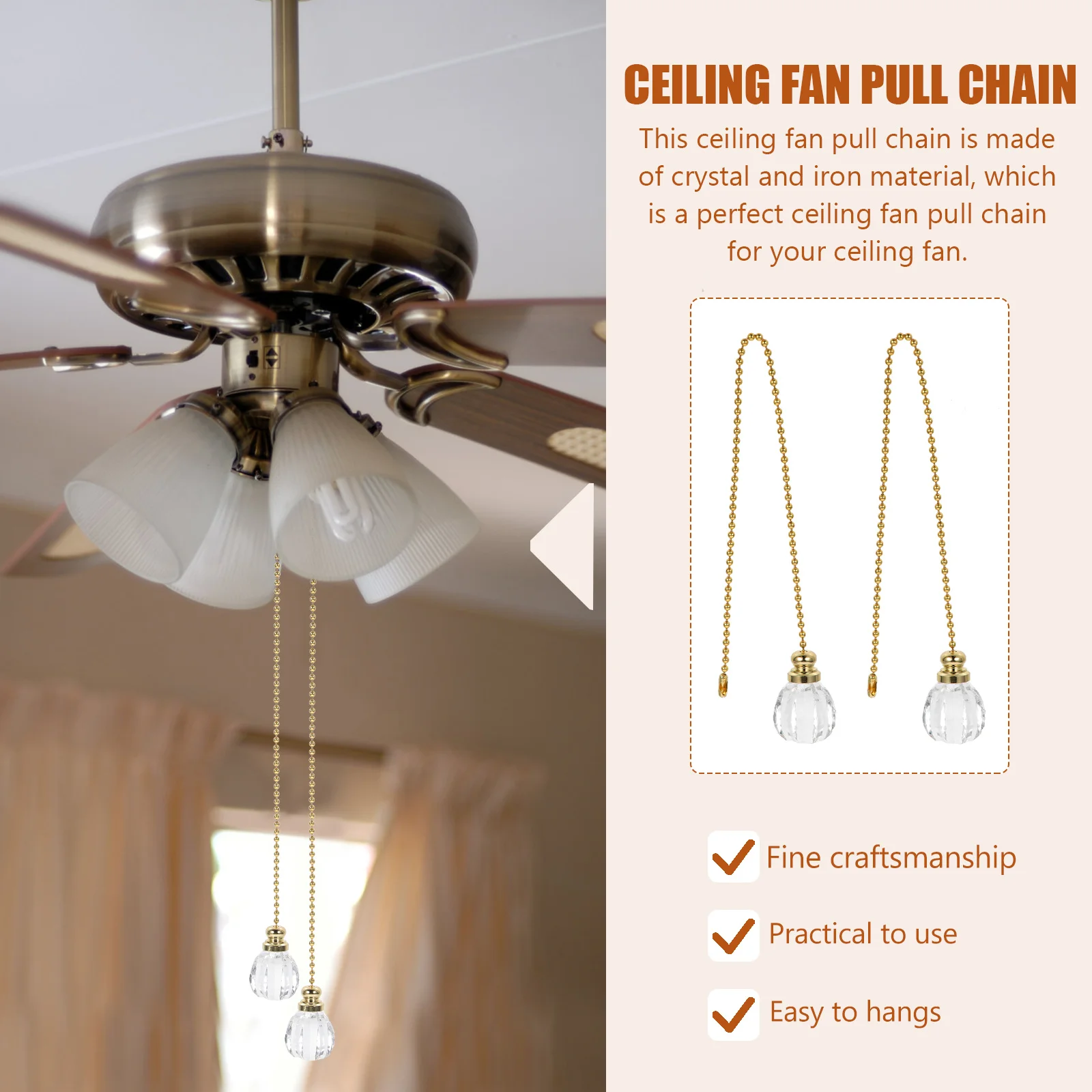 

2Pcs Crystal Iron Fan Pull Chains Extenders Beaded Ceiling Fans Light Fixtures Hanging Decor Modern Style Visual Effect