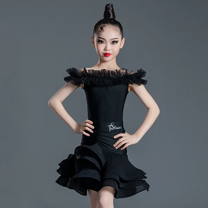 Girls Black Latin Dance Dress Summer Dance Clothes Off Shoulder Ruffled Performance Costume Kids Rumba Ballroom Dancewear BL8140