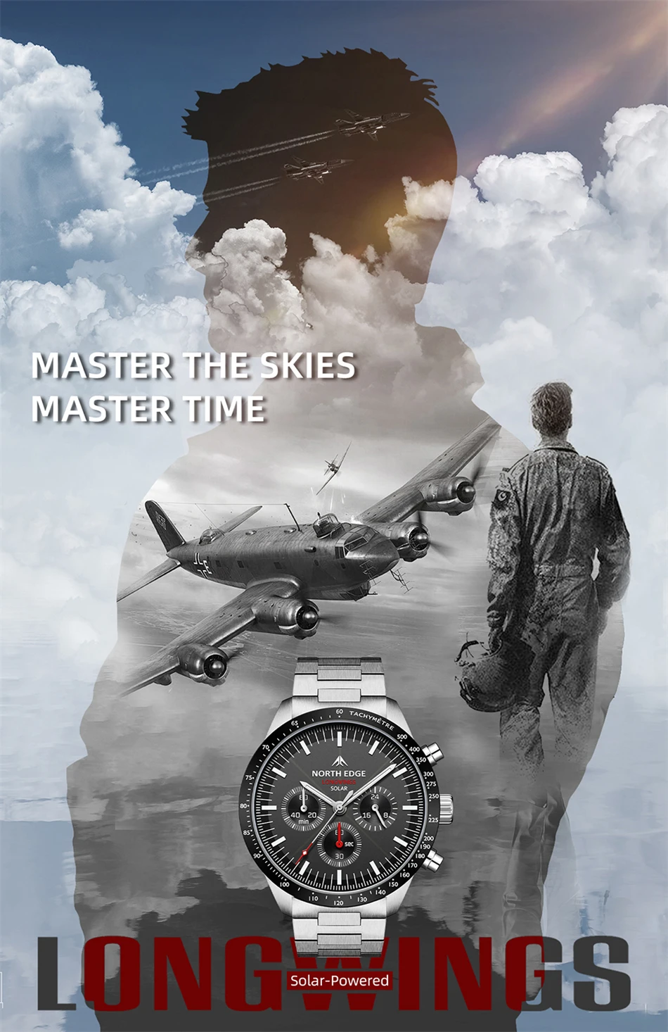 NORTH EDGE LONGWINGS Men Quartz Watch Solar Powered Stopwatch Waterproof 50M 316 Full Stainless Steel Luminous Pilot Watch