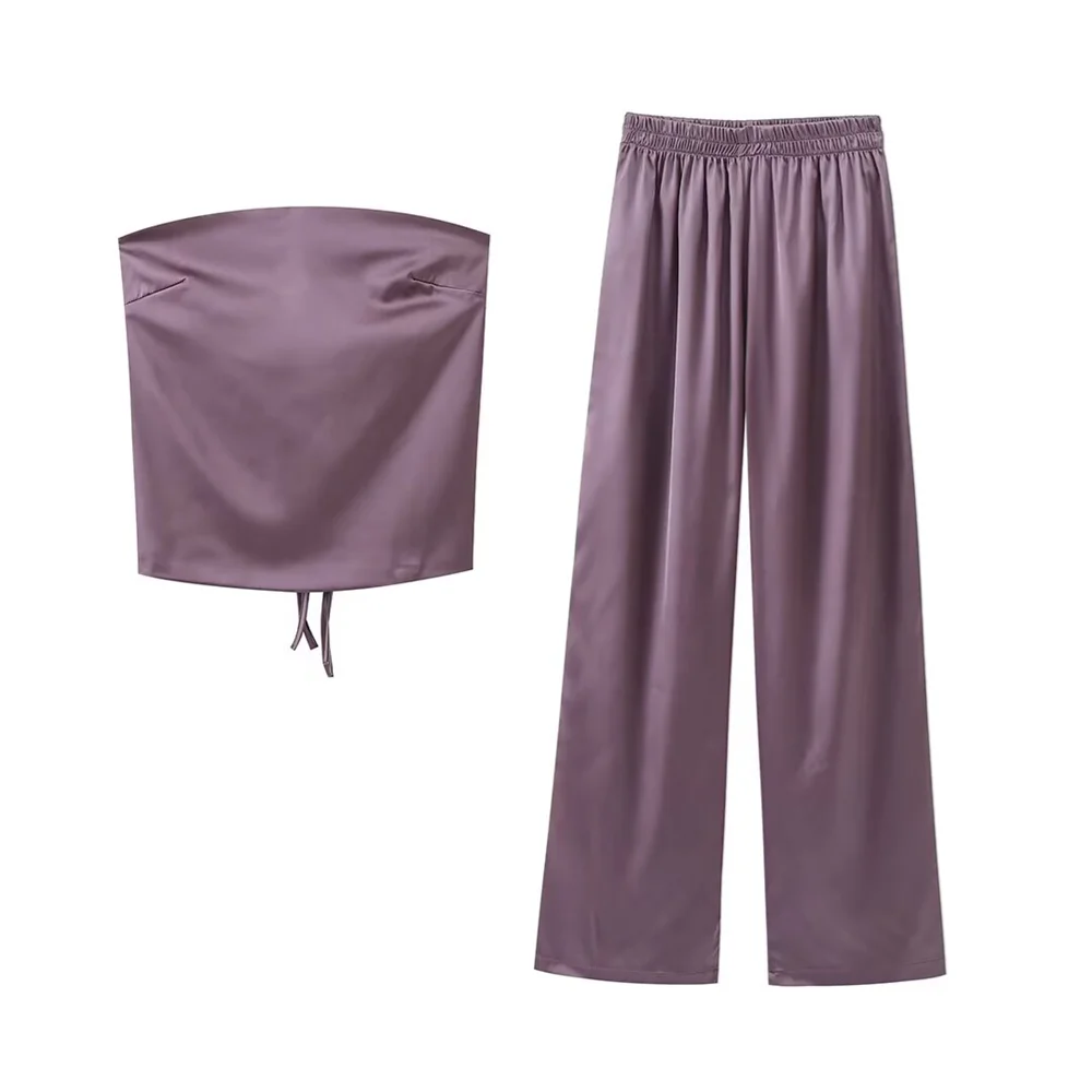 PB&ZA 2024 Spring New Women\'s Fashion and Elegance Versatile Satin Lace Up Top Wide Leg Pants Set