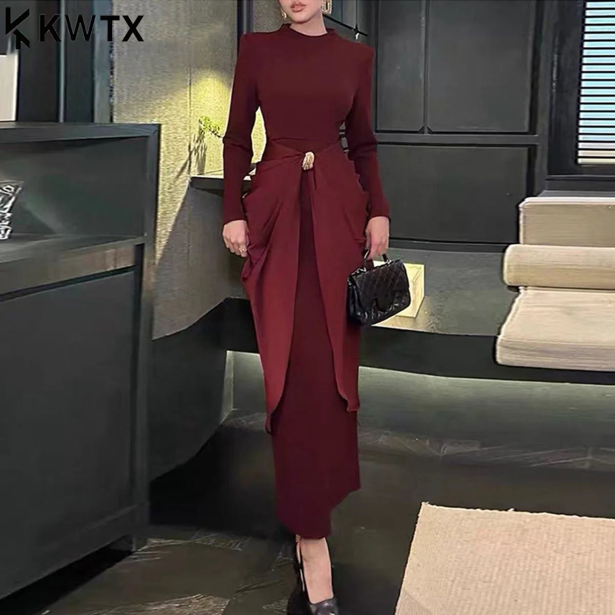 KWTX Damen-Kleid, solide, schlankmachende, gespleißte Falten, elegante Kleider für Damen, Rundhalsausschnitt, lange Ärmel, hohe Taille, Damenbekleidung, Neu