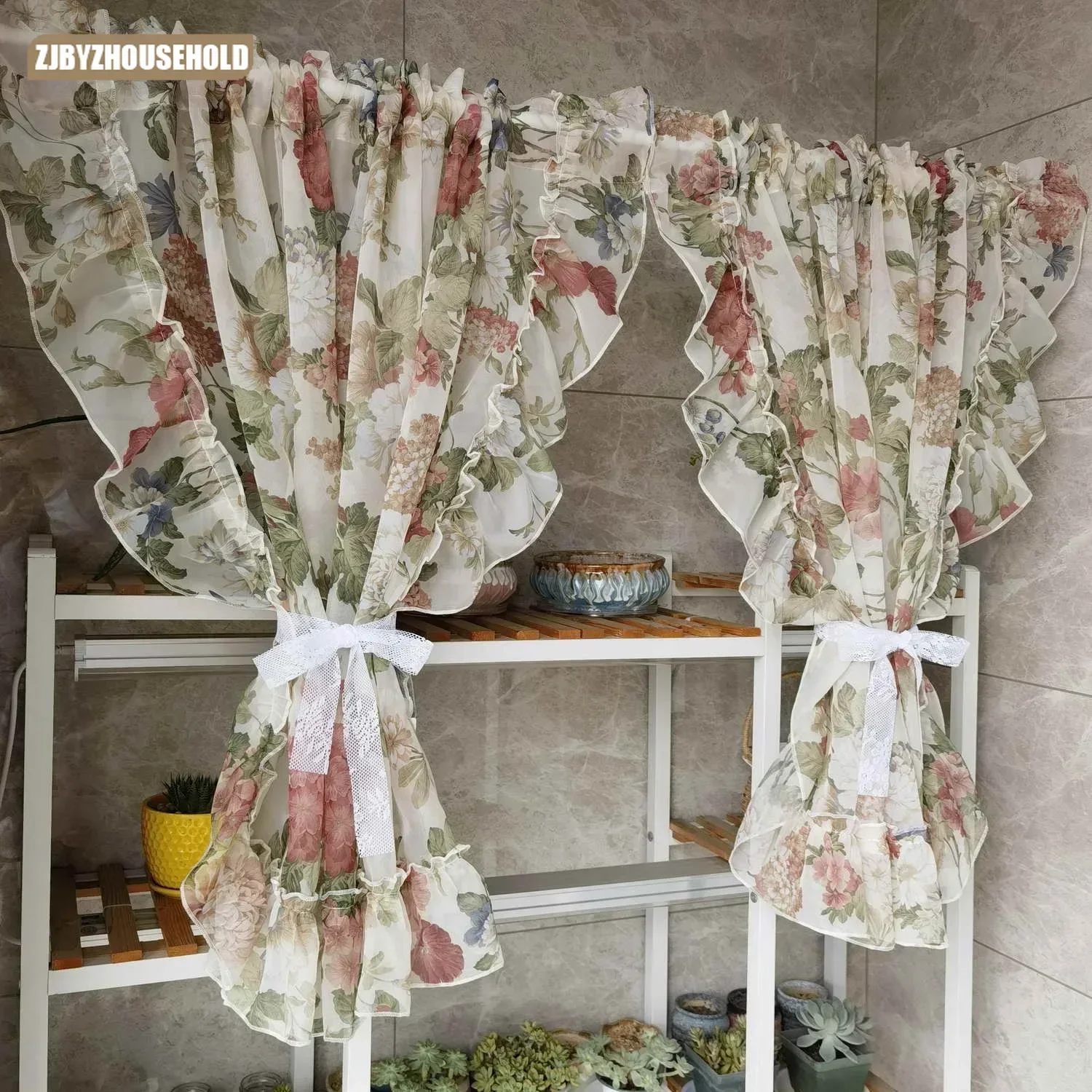 

1PC Short Curtains Colorful Flower Sheer Ruffled Valance Romantic French Tulle Door Short Curtain for Cabinet Kitchen Home Decor