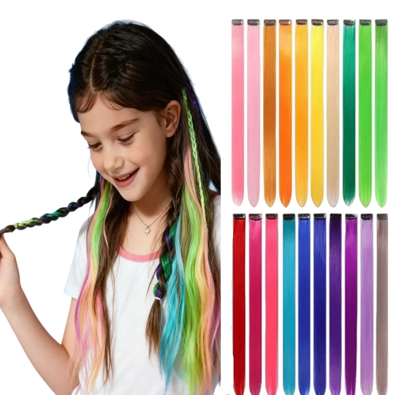 

Rainbow Kids Synthetic Straight Style Hairpiece DIY Ear Hanging Wigs High Gloss for Party Clip in Hair Extensions for Kids