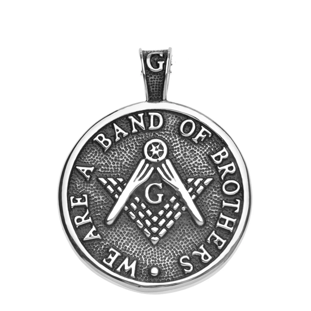 

"WE ARE A BAND OF BROTHERS" Vintage Antique black round stainless steel men's freemason masonic pendant