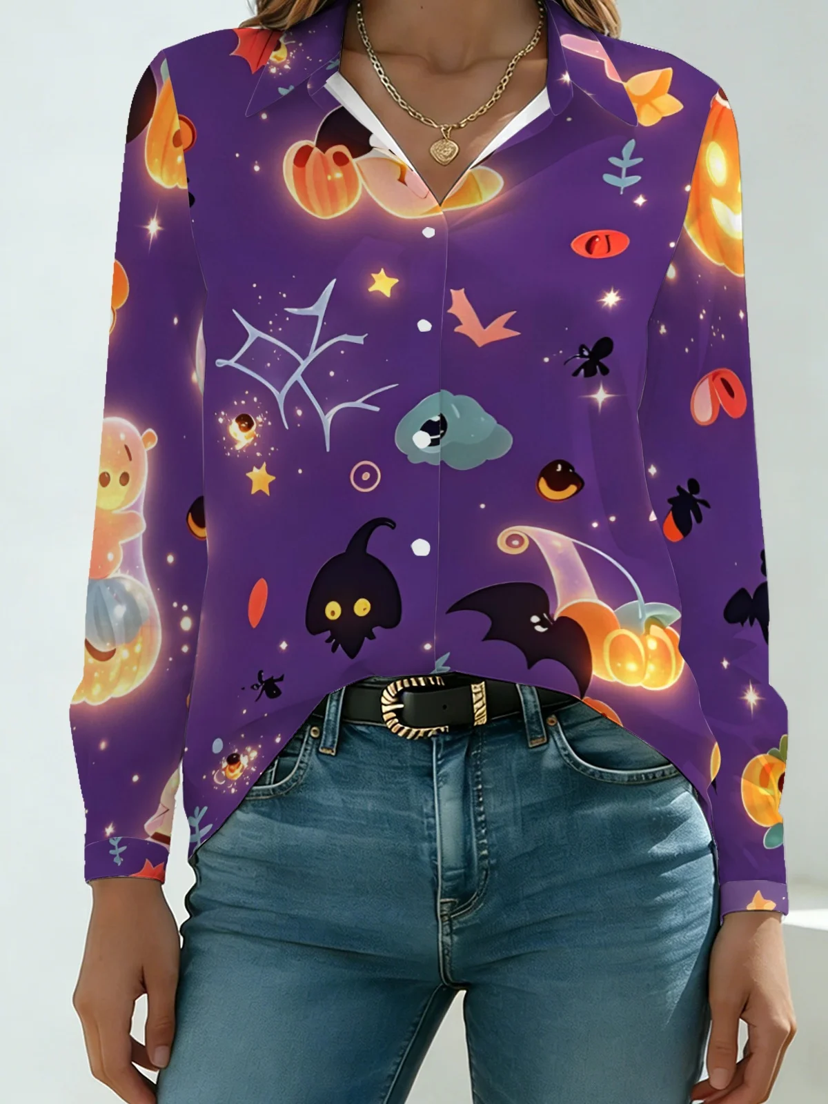Soft Minimal Halloween Multi-element Womens Collared Shirt Dark Purple Base Glowing Pumpkin Bat Ghost Star Allover Print Long