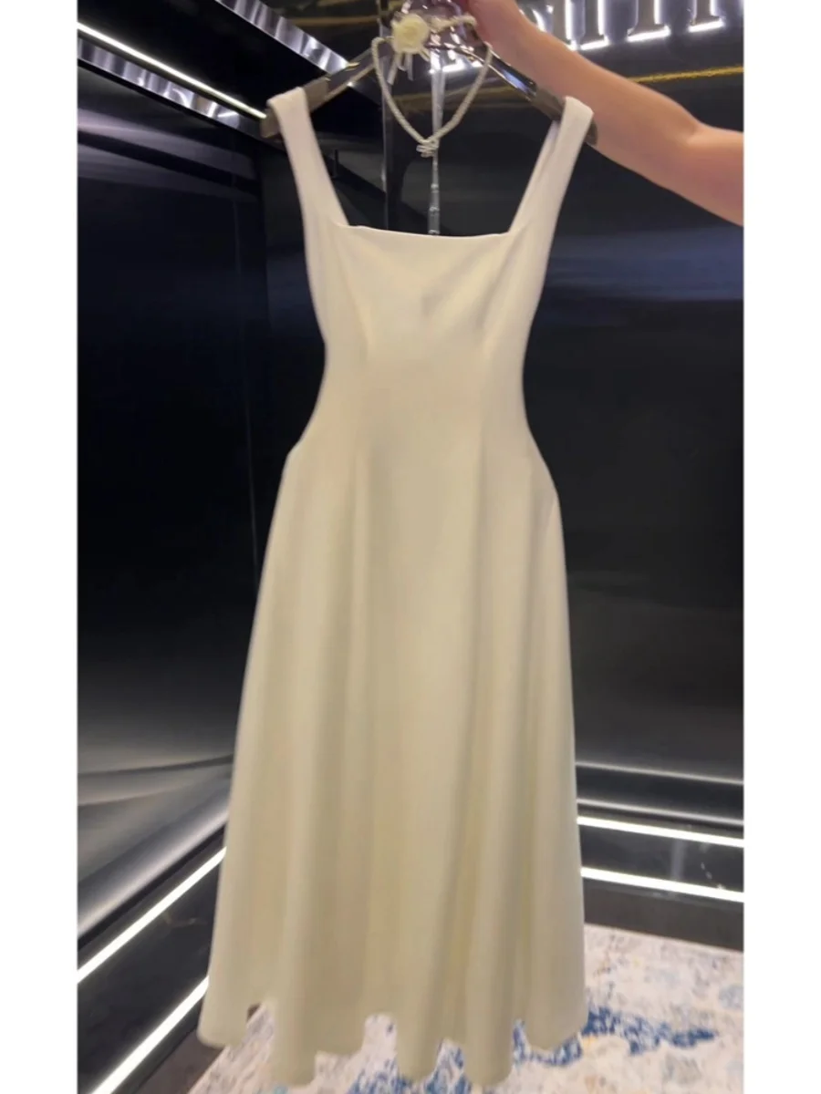 Rétro Ele Square Ne Strap Dr Jupe trapèze pour femme Minceur Taille Design Été Nouveau Sle Trajet Version coréenne Longue...