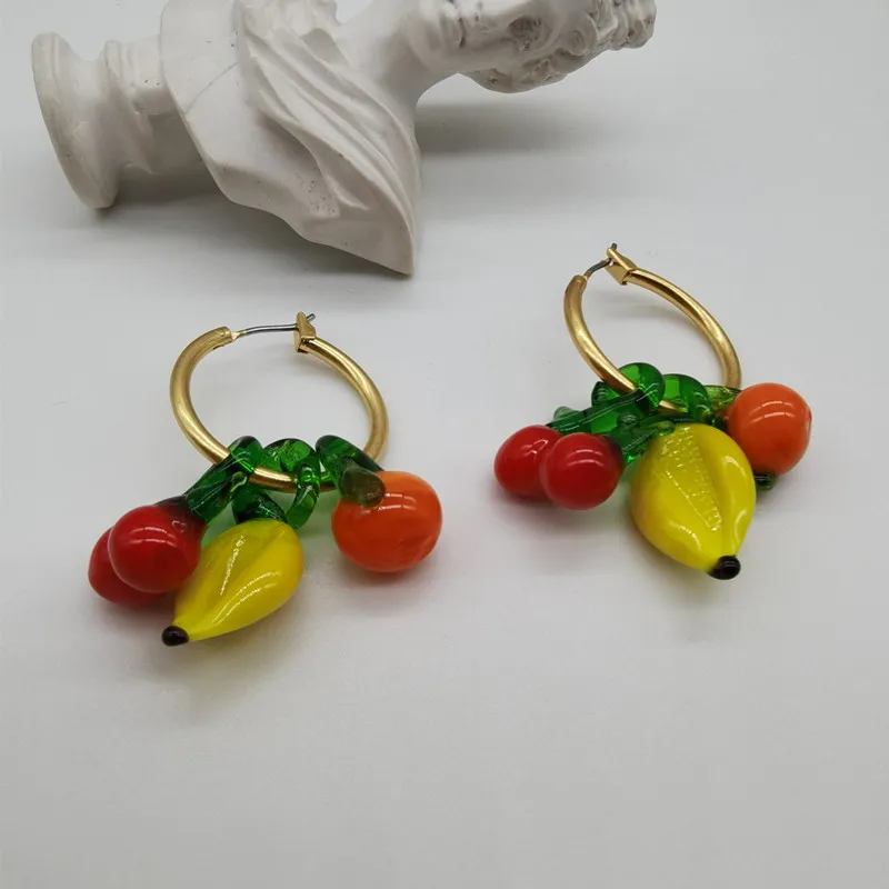 

Japanese Korean Simple Retro Geometric Hoop Earrings Summer Fruit Banana Cherry Orange Circle Earrings Women Cute Cartoon Hoops