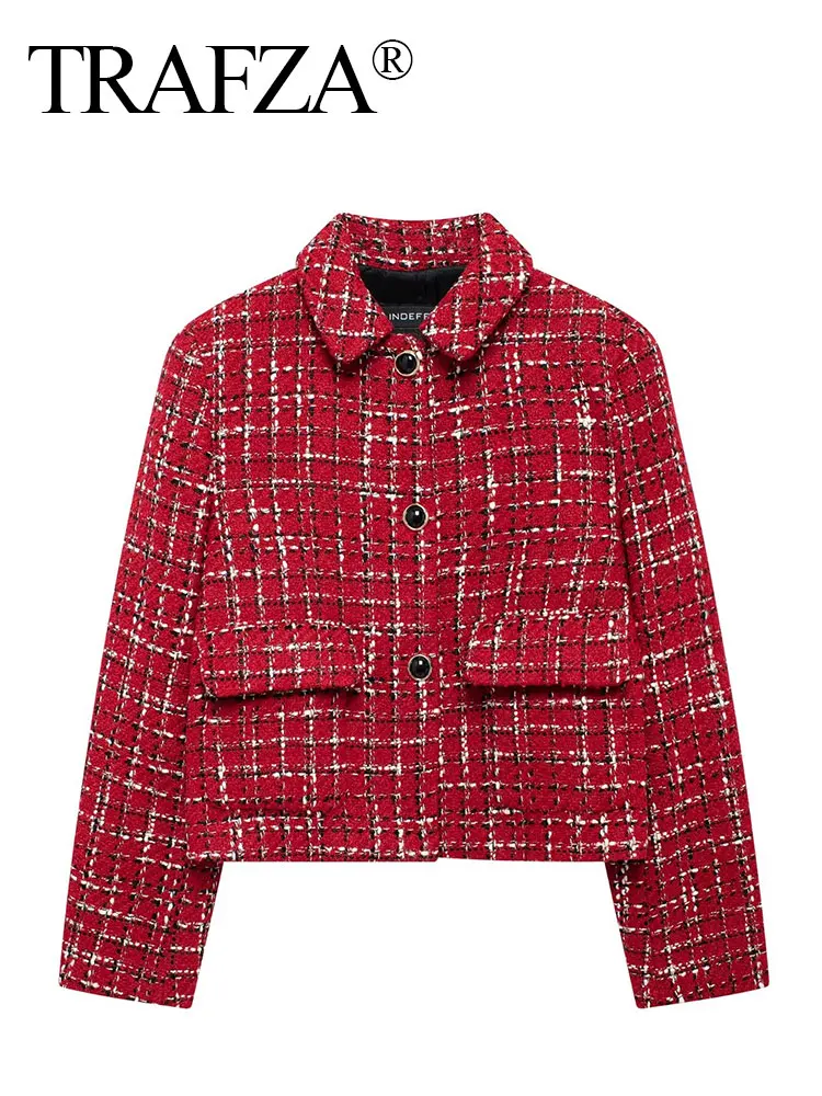 TRAFZA Women Vintage Red Plaid Tweed Coat Slim Turn Down Collar Long Sleeve Jacket Autumn Fashion Lady High Street Outwear