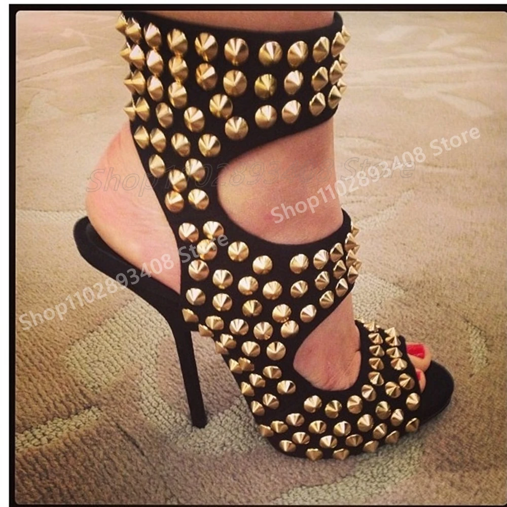 Сексуальные сандалии с золотыми круглыми заклепками для подиума, косплей, с открытым носком, на тонком высоком каблуке, новый дизайн, модная женская обувь, весна 2024, Para Mujere