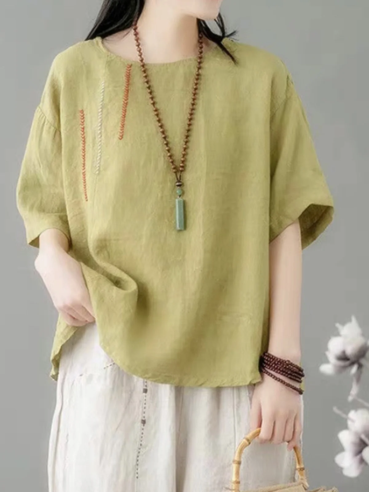 Algodão linho ort sve camiseta feminina casual solto overhead bordado topo vintage sle redondo ne fino verão irt
