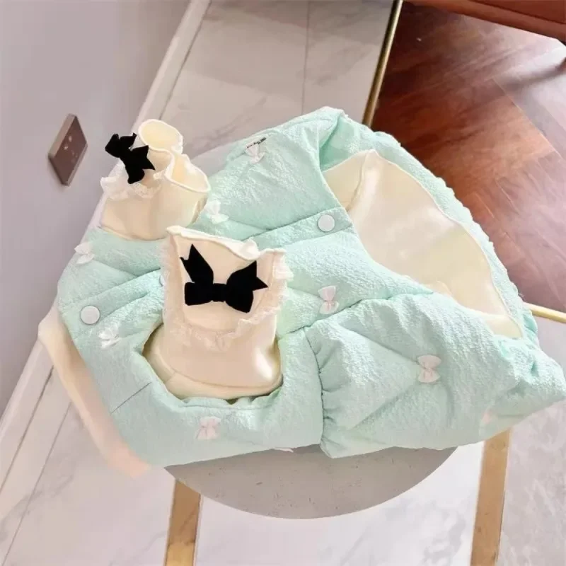 

Pet Dog Clothes Ice Cream Color Coat Warm Winter Added Velvet Cotton Butterfly Bow Fluffy Skirt Teddy Bear Vest
