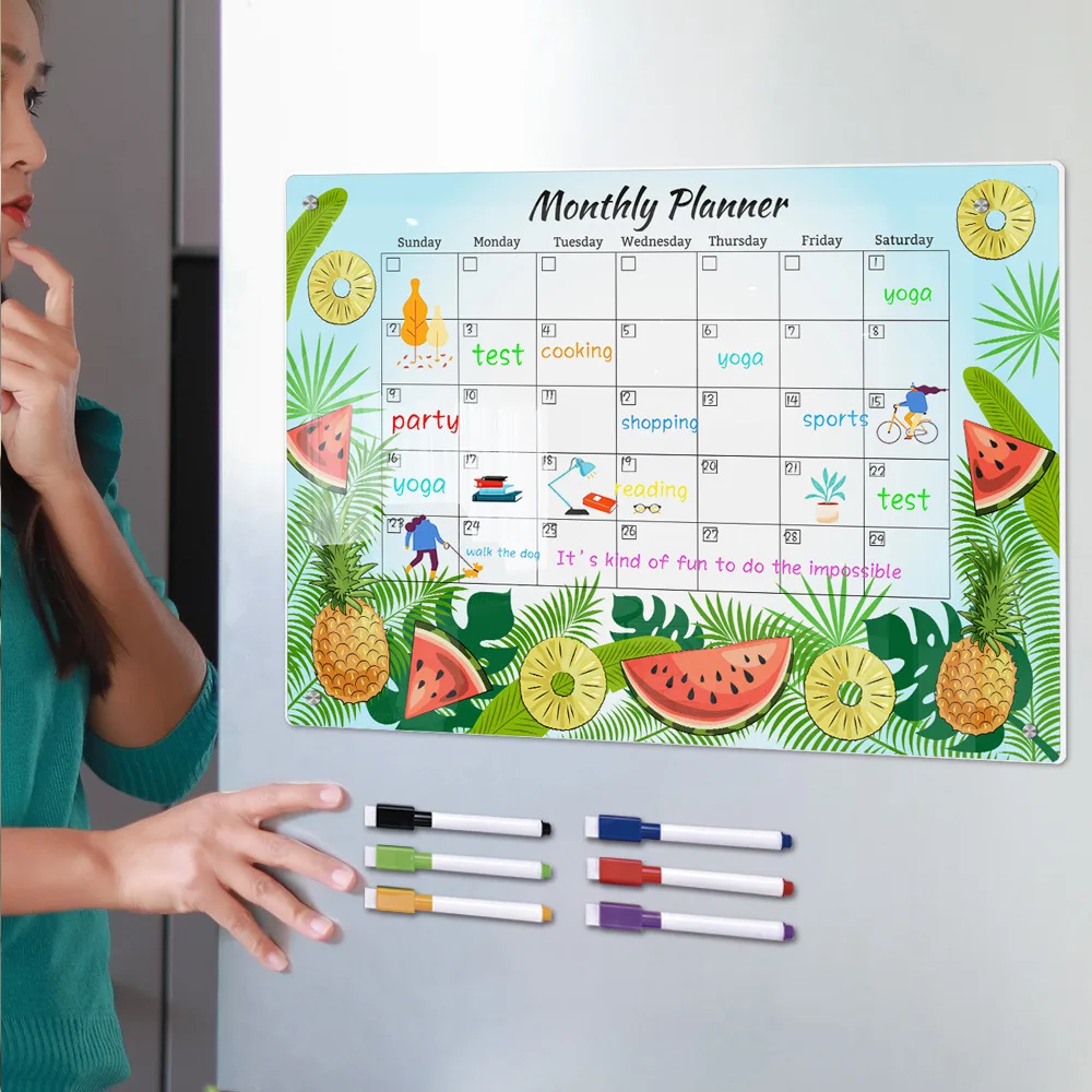 Kitchen Fridge Magnetic Dry Erase Board WhiteBoard Reusable Refrigerator Magnet Memo Month Plan Menu Grocery List with 6 Markers