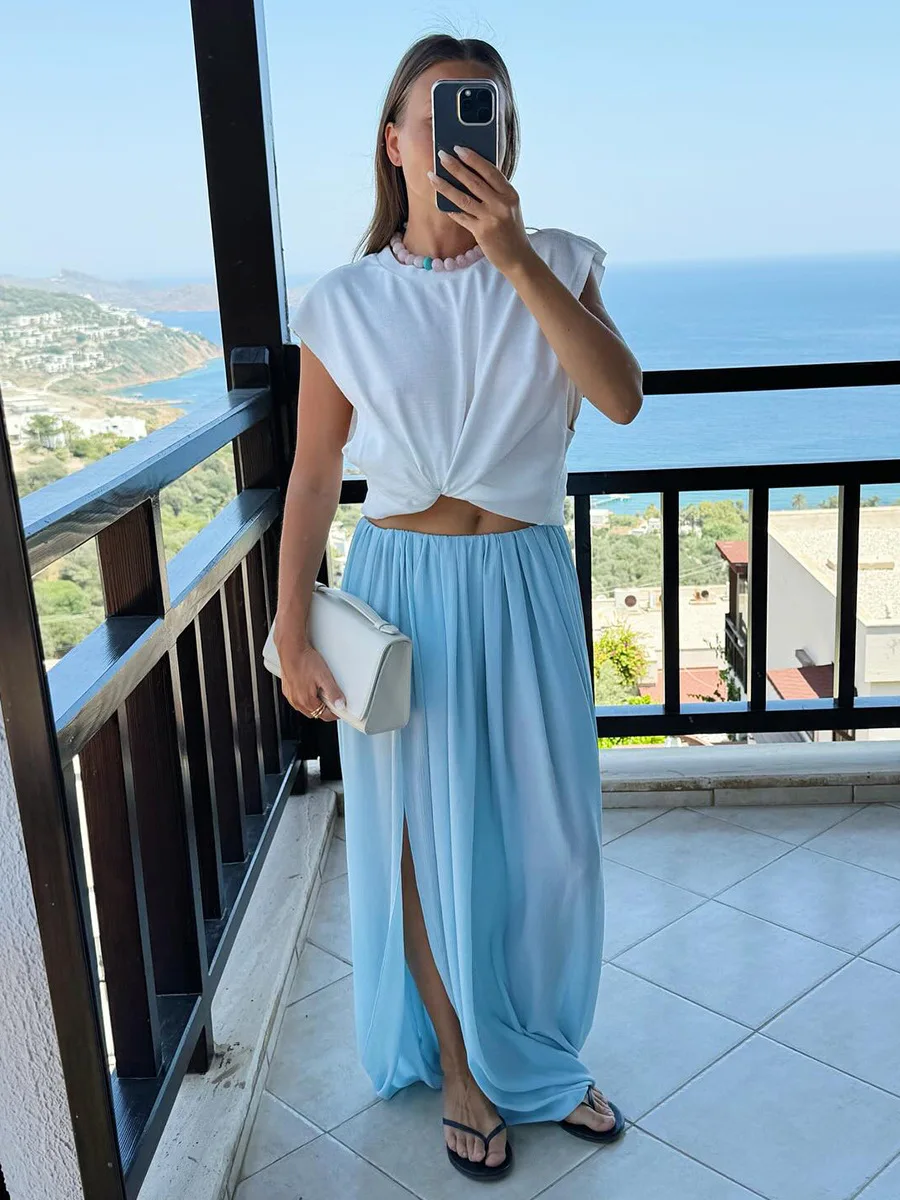 Wolfeel femmes printemps été nouveau élégant Style de rue jupe mode ample froncé drapé fendu Maxi jupe