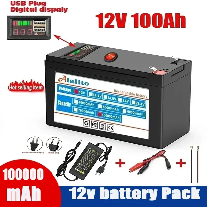 2024 Upgraded 12V 100000mAh Portable Rechargeable Battery Built-in 5V 2.1A USB Power Display Charging Port with +12.6V Charger