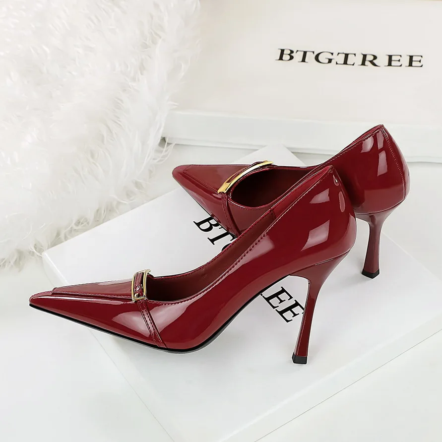 

BIGTREE Shoes New Metal buckle Women Pumps pointed High Heels patent leather Women Heels shoes Stiletto 9.5 cm Sexy party shoes