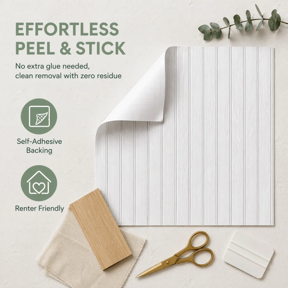 Flexible PVC Beadboard Wallpaper White Removable Peel and Stick Wallpaper Woodgrain Wall Decor Sheet Rental Space Decor Update