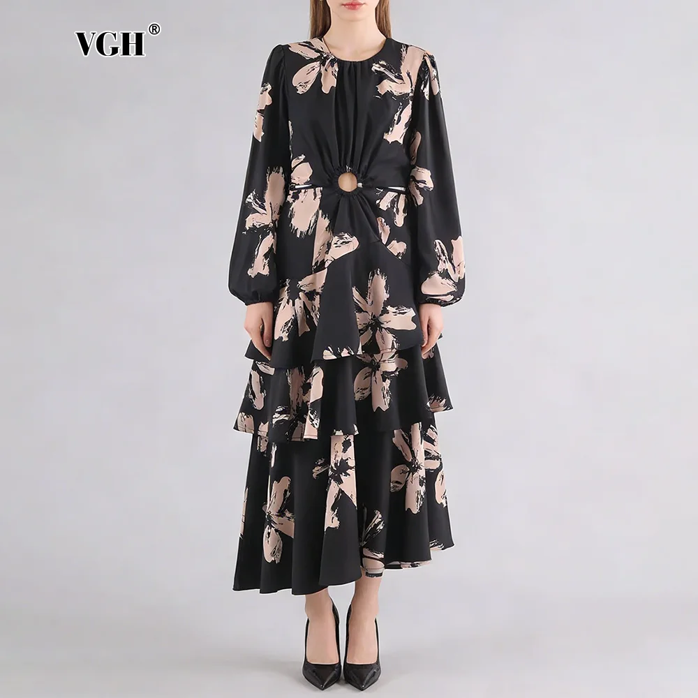 Vestidos Midi Femininos com Estampa Floral Sofisticada VGH, Design com Recorte na Cintura e Barra em Camadas para Reuniões Casuais de Negócios