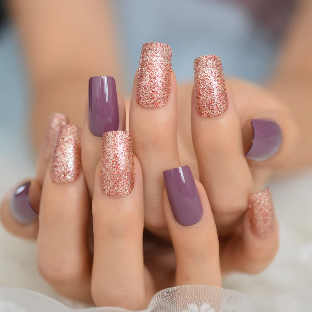 Taro Purple Square Fake Nails Mix Red Champagne Glitter Medium Press On Nails UV Shiny Nail Art Tips Including Glue Tabs