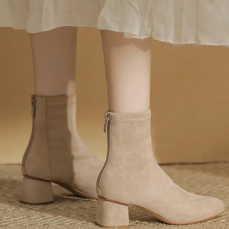 

New Short Women Pumps Thin Boots Suede French Nude Color Spring Summer Thick Small Stature Middle Heels Womans High Ladies Shoes