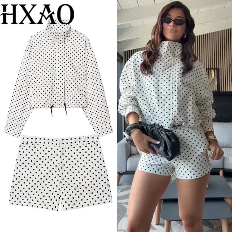 HXAO Conjuntos cortos de lunares Conjunto de dos piezas para mujer Chaqueta cortavientos de entretiempo Conjuntos de 2 piezas Conjuntos de mini pantalones cortos casuales Mujer