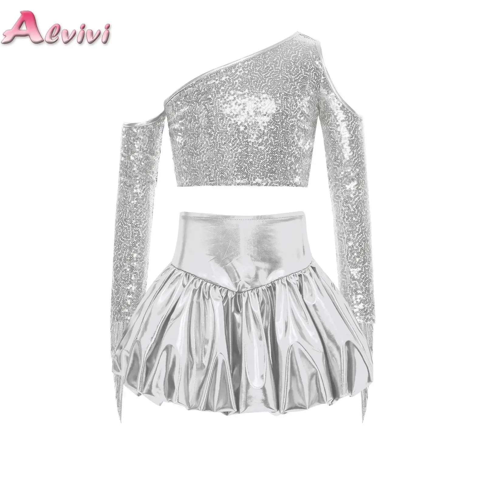 Kids Girls Metallic Shiny Stage Outfit Cold Shoulder Long Sleeve Tassel Crop Top with Bubble Skirt Set for Party Performance