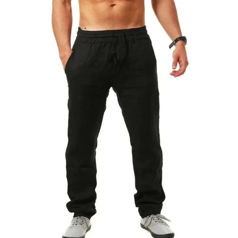Picture 3: M-4XL Solid Color Pocket Drawstring Loose Straight Men's Pants Casual, Breathable and Comfortable Cotton and Linen Summer Pants