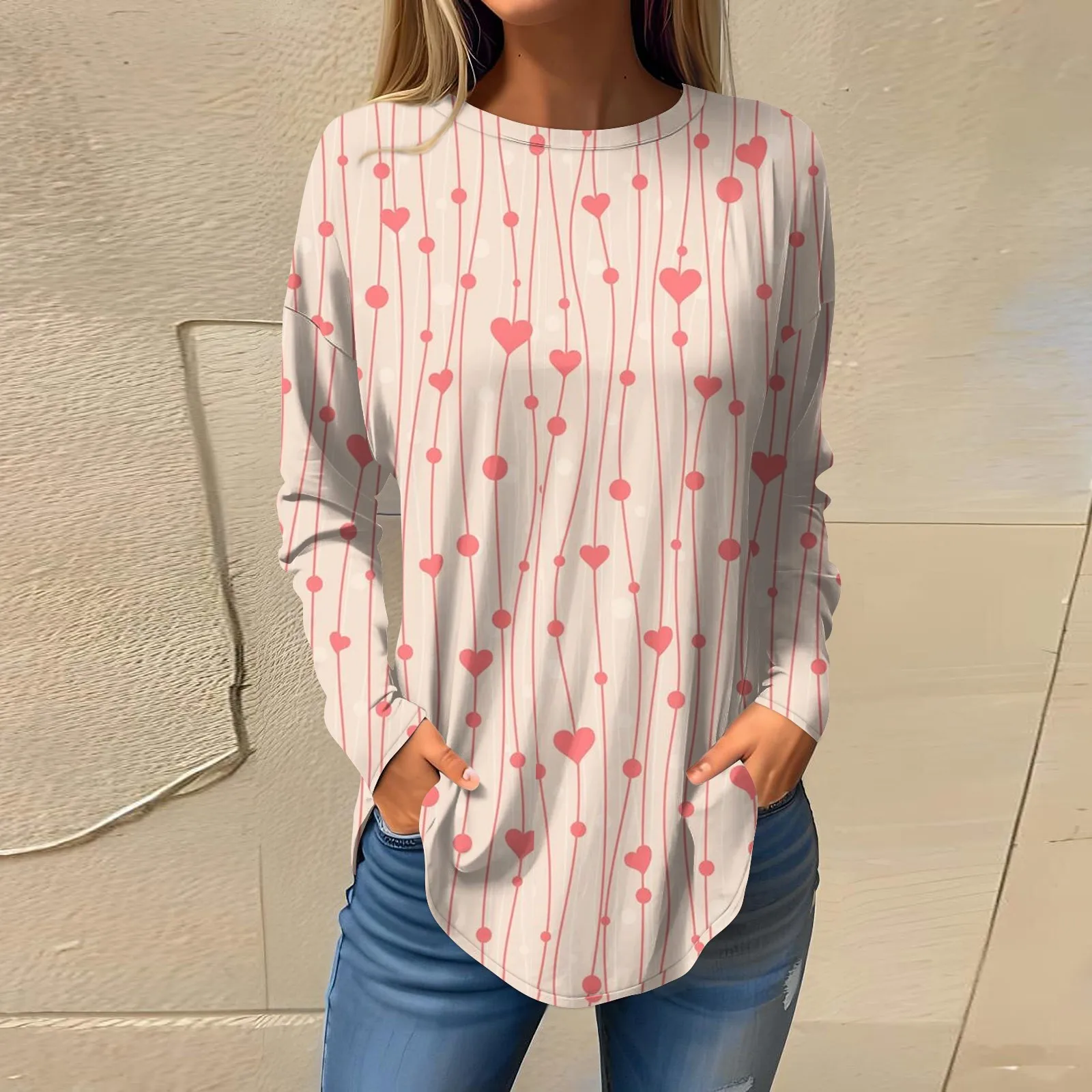 

Loose Top Round Neck T-shirt Valentine's Day Printing Pullover Autumn Women Casual Loose Size Long Sleeve 2024 New Spring Ladies