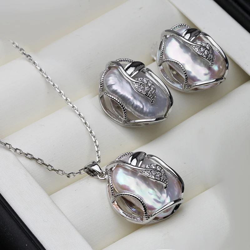 Real 925 Sterling Silver Necklace Earring Sets Women,Classic Wedding Natural Pearl Pendant Sets White Black Grey Gift