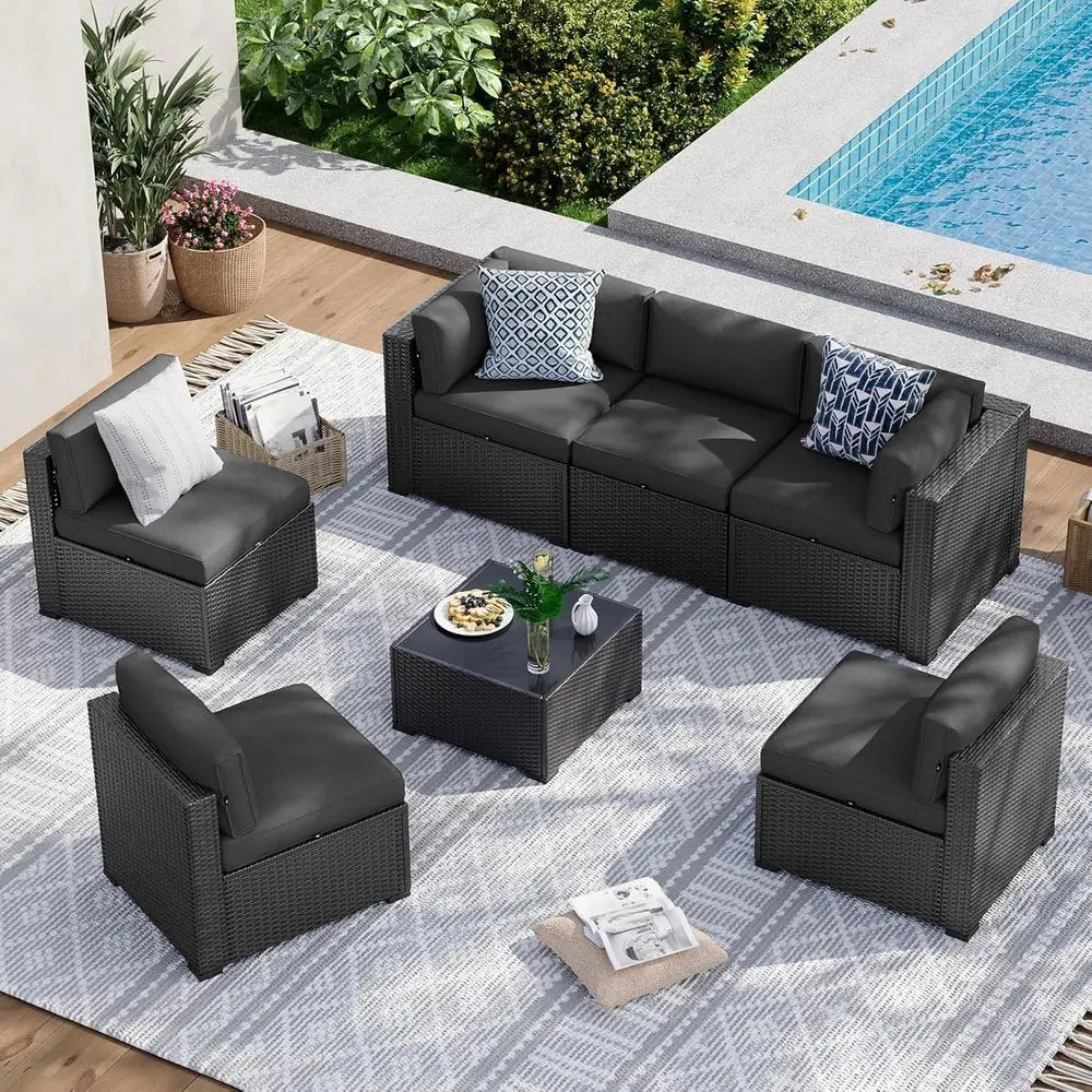 

7 Piece Patio Furniture Set, Wicker Rattan Patio Sectional Sofa, Outdoor Furniture Set with Thickened Cushion, Black