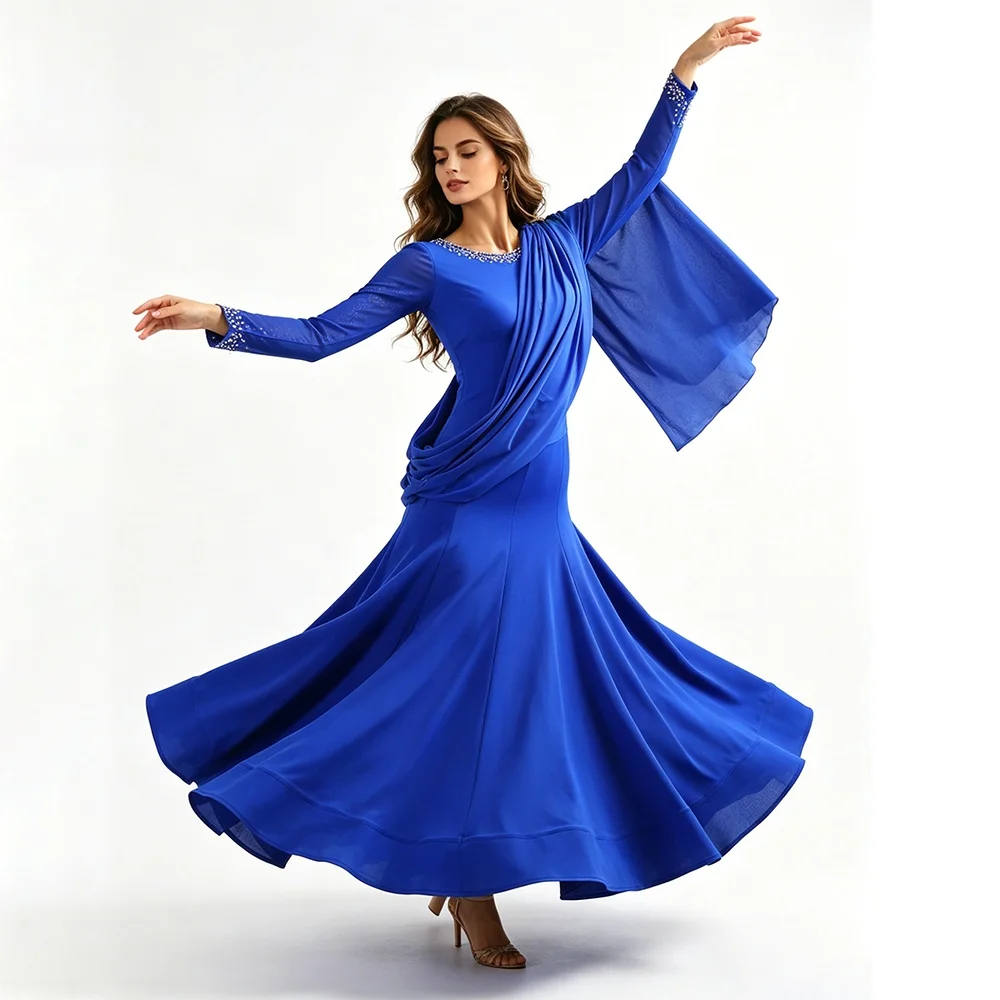 2026 New Elegant Ballroom Dance Competition Dress Long Sleeve Rhinestone Standard Modern Dance Waltz Costume for Women