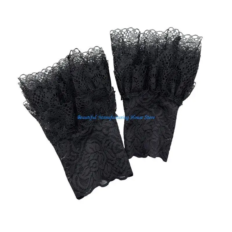 

E56A Detachable False Sleeves Lace Mesh Flared Sleeves Pleated Wrist Cuffs Sweater