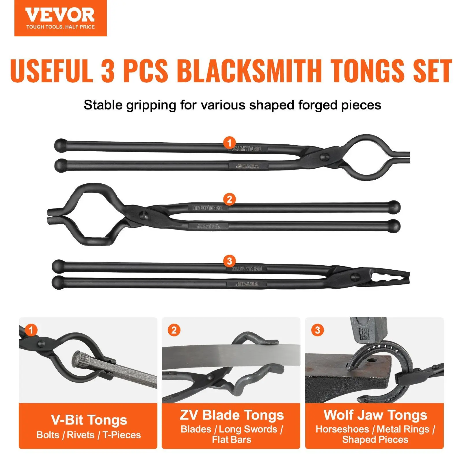 Blacksmith Tongs, 18' 3 PCS, V-Bit Bolt Tongs, Wolf Jaw Tongs and Z V-Bit Tongs, Carbon Steel Forge Tongs with A3 Steel Rivets,