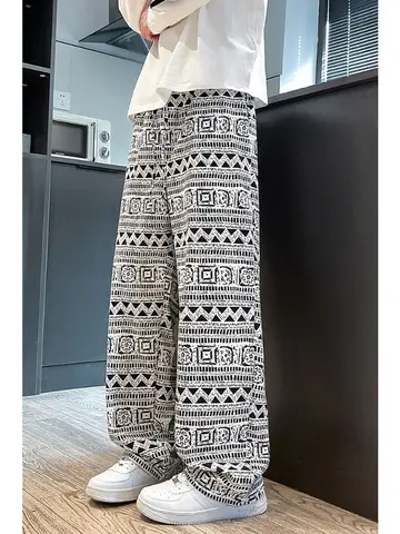 남성용 히피 바지, 레트로 스트리트 프린트, 야외 스트레이트 레그 바지, 캐주얼 바지, 느슨한 핏, 탄성 드로스트링 허리 바지