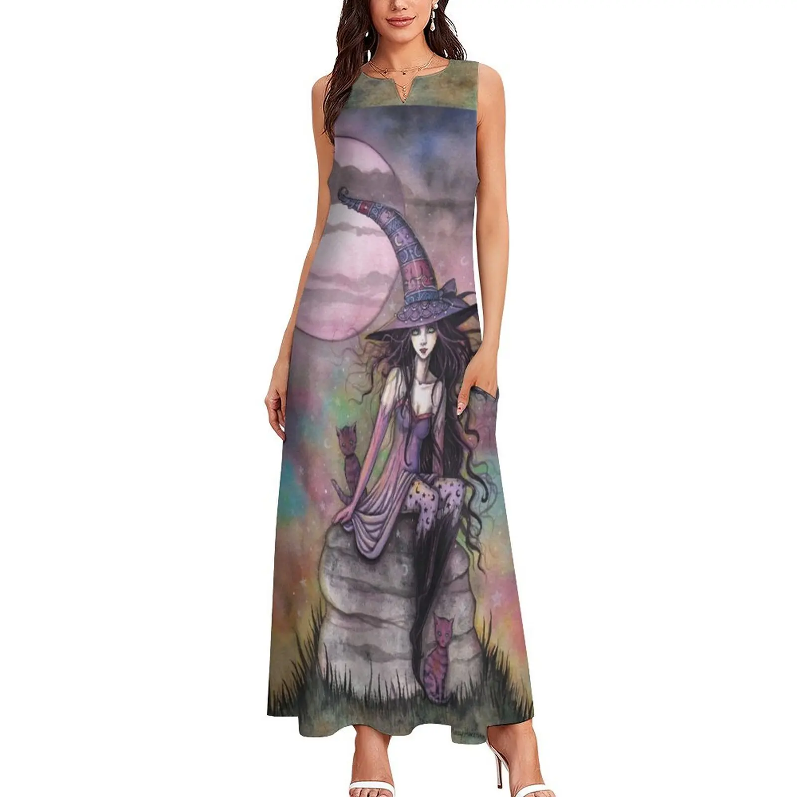 Enchanted Twilight Witch Cat Fantasy Art by Molly Harrison Long Dress sexy short dresses daring Womens dresses