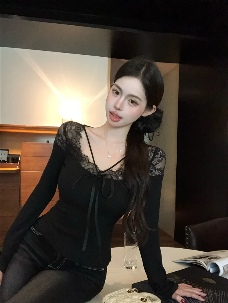 2025 Spring Sexy Patchwork Lace Top Long Sleeve Bow Tie Casual Short Shirt Korean Fashion Women T Shirt