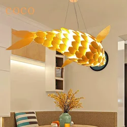 Modern Artificial Large Fish-shaped Chandelier Wood Weaving LED Ceiling Lights Lantern for Home,Hotel,Restaurant
