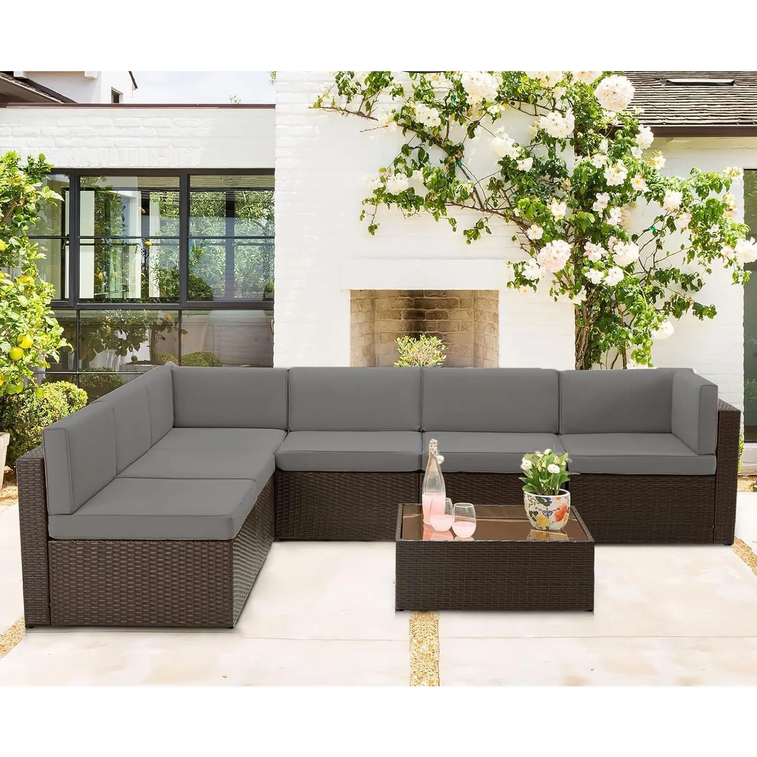 7-teiliges Terrassenmöbel-Set für den Außenbereich, braune Korbmöbel aus PE-Rattan für den Außenbereich, braunes Rattan und dunkelgraues Kissen