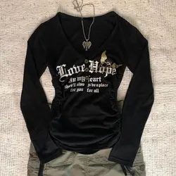 Women's 90s Punk Vintage Black long sleeved Shirt Hip hop V-neck Slim Letter Print T-shirts Gothic Grunge Girl Sexy Women's Top