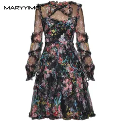 MARYYIMEI Fashion Women's Summer dress Lantern Sleeve Mesh Floral-Print Edible Tree Fungus Party Holiday Ball Gown Dresses