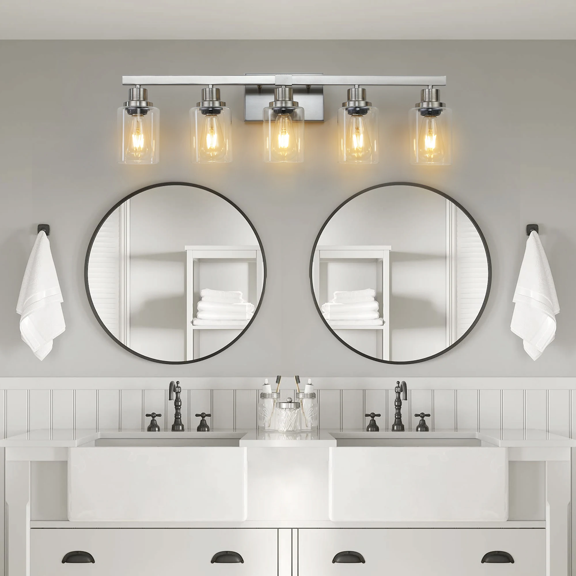 

Modern 5-Light Bathroom Vanity Light Fixture - Brushed Nickel Finish with Clear Glass Shades(No Bulbs)