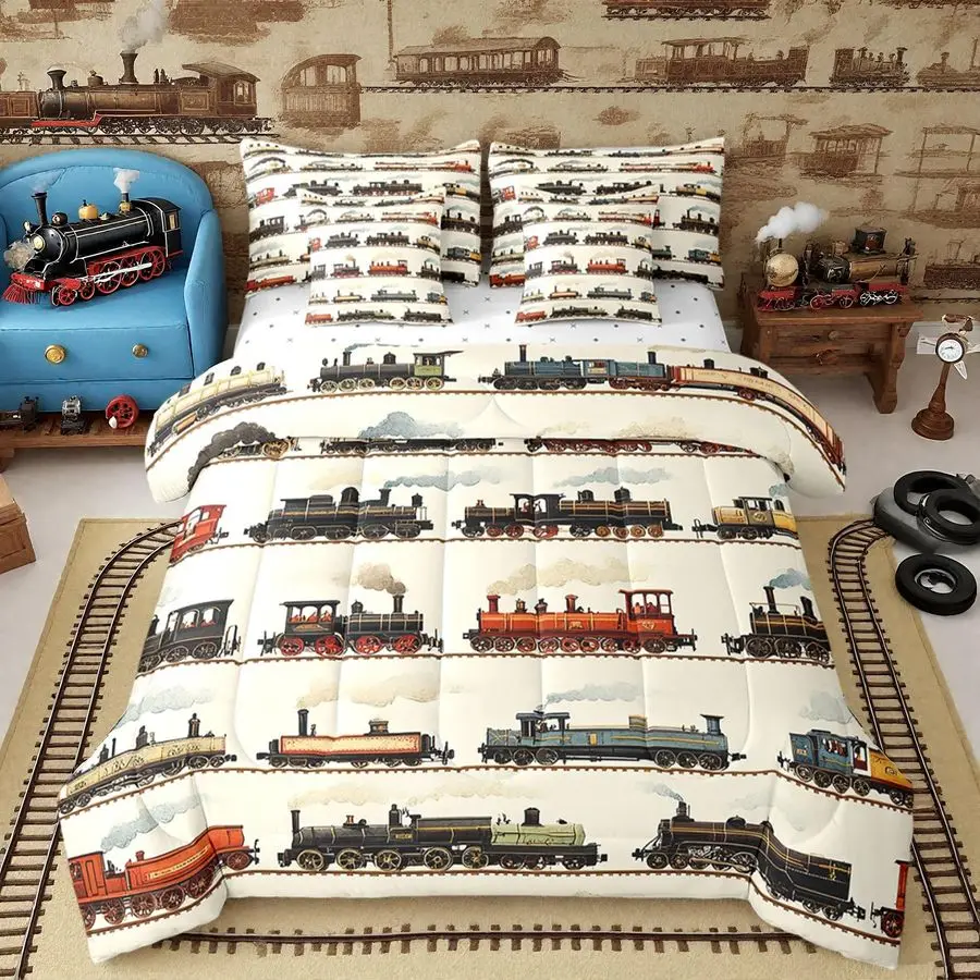 

Винтажный комплект постельного белья «Поезд» (7 предметов), размер King, с ретро-дизайном паровоза, для мальчиков и девочек, с изображением паровоза и железнодорожного состава