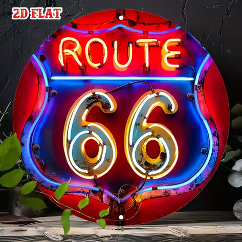[2D Flat] Route 66 Vintage Neon Sign - Round Aluminum Wall Decor for Home, Garage, Cafe, Dining Room &amp; Bar | Americana Style Met