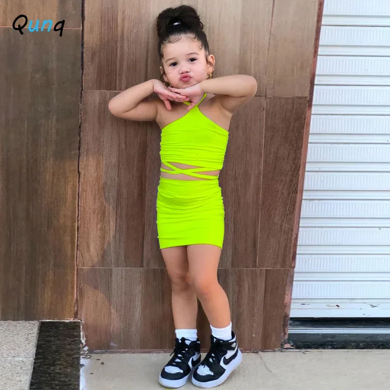 Qunq Summer New Girls Solid Hanging Neck Skinny Sleeveless Top + Skirt 2 Pieces Set Fashion Lovely Casual Kids Clothes Age 3T-8T