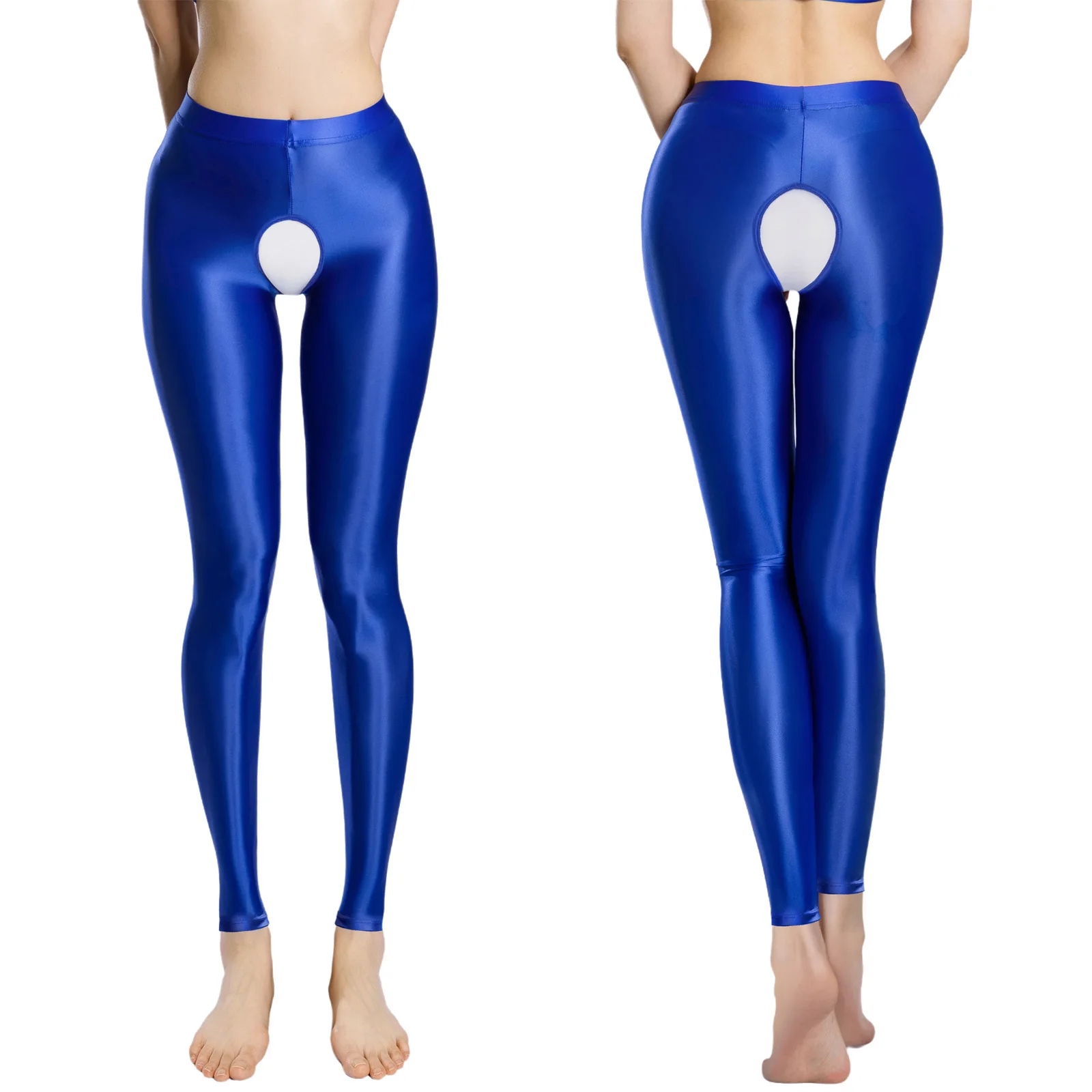

Womens Glossy See Through Open Crotch Leggings Oil Shiny Sheer Elastic Waistband Cut Out Crotchless Tights Pants Night Club Wear
